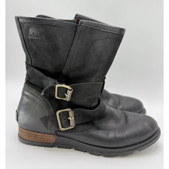 Sorel Major Moto Black and Red Plaid Boots Belted Comfort Low Wedge See Measurem - Picture 1 of 14